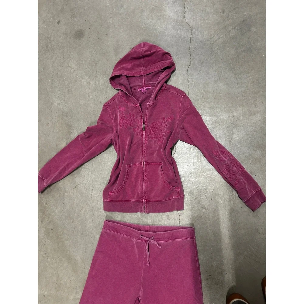 Style & Co Sport Petite Pink Velour Tracksuit Set Zip Hoodie Wide Leg Pants PS